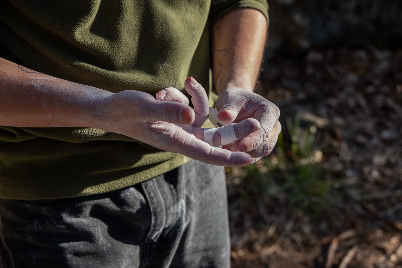 taped hands during the shoot